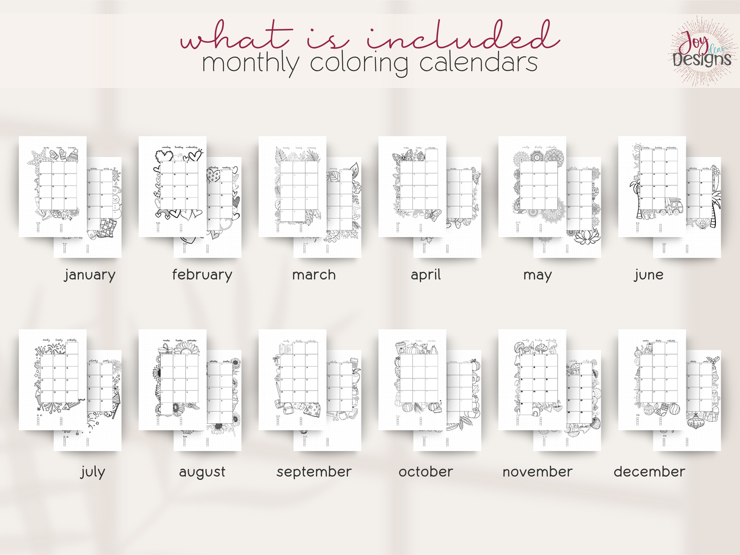 Monthly coloring calendars for each month of the year on a white background.