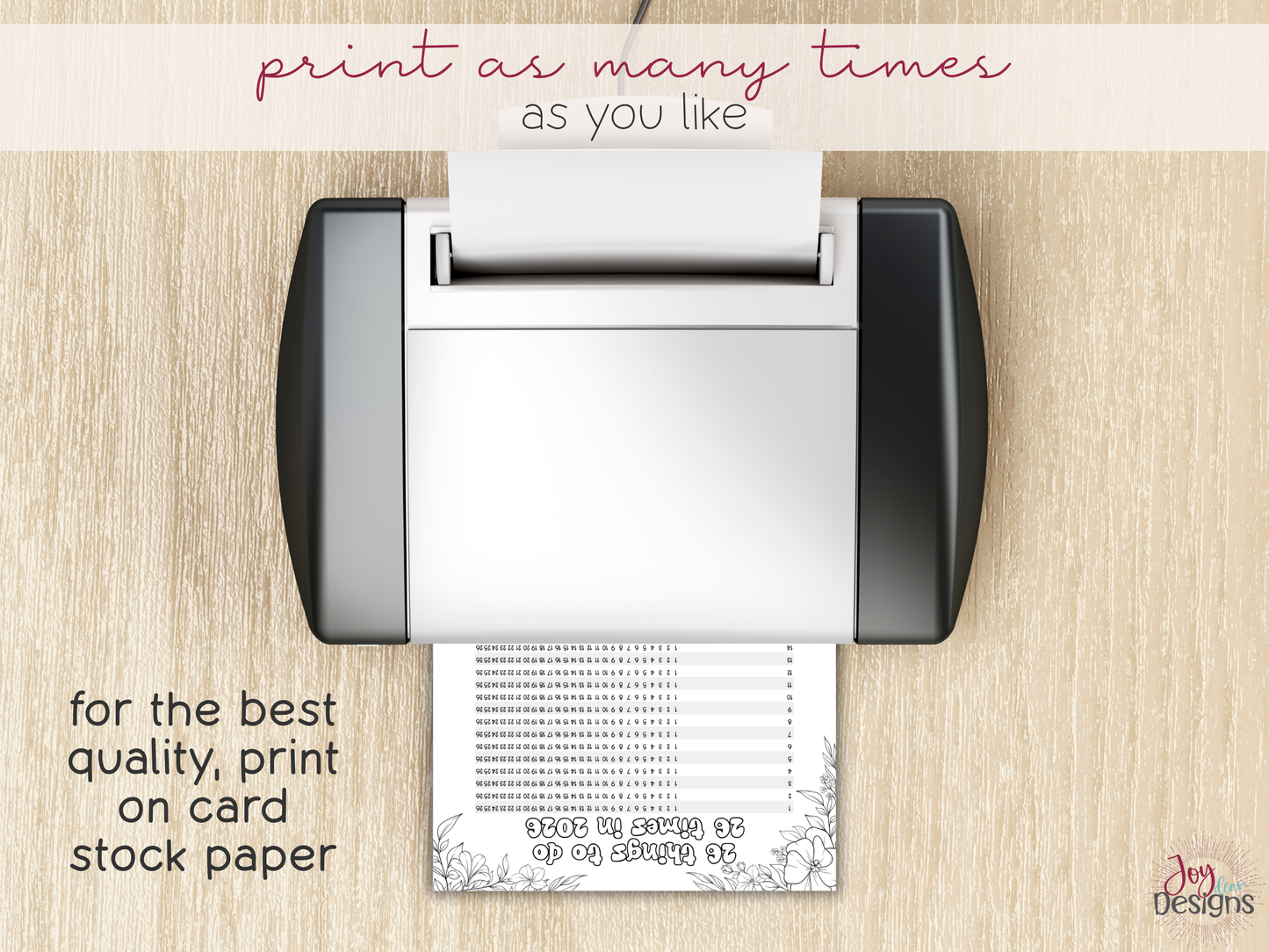 Printer on a wooden surface with printed paper, text overlay about printing quality.