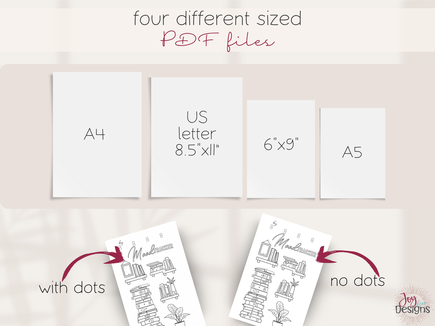 Four different size PDF files displayed with labels on a light pink background.