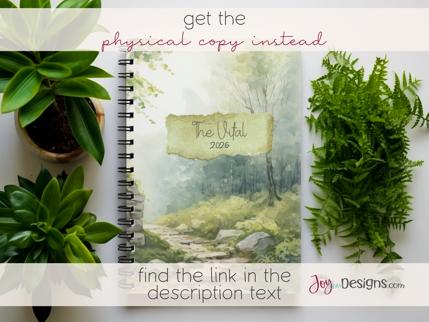Notebook with nature-themed cover surrounded by plants on a white background