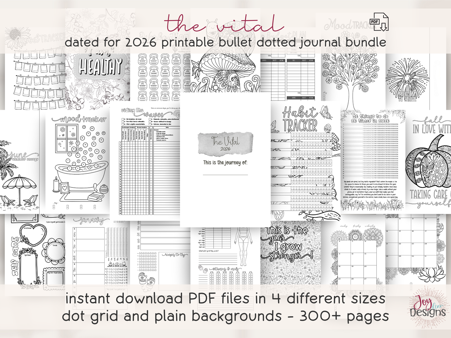 Collage of bullet journal pages with text overlay on a white background