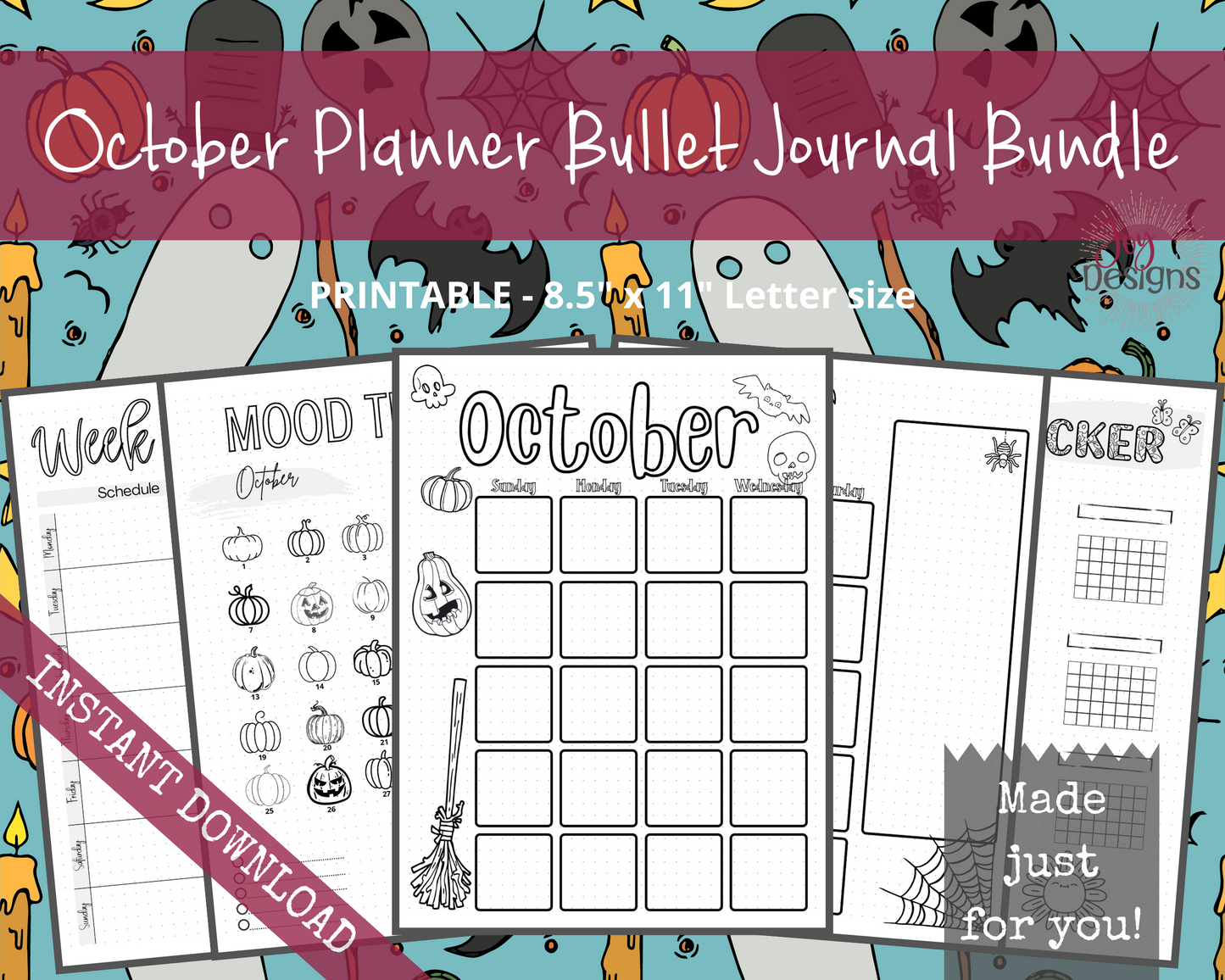 October Pre-Made Bullet Dotted Journal Pages Instant Download Printable Planner Undated