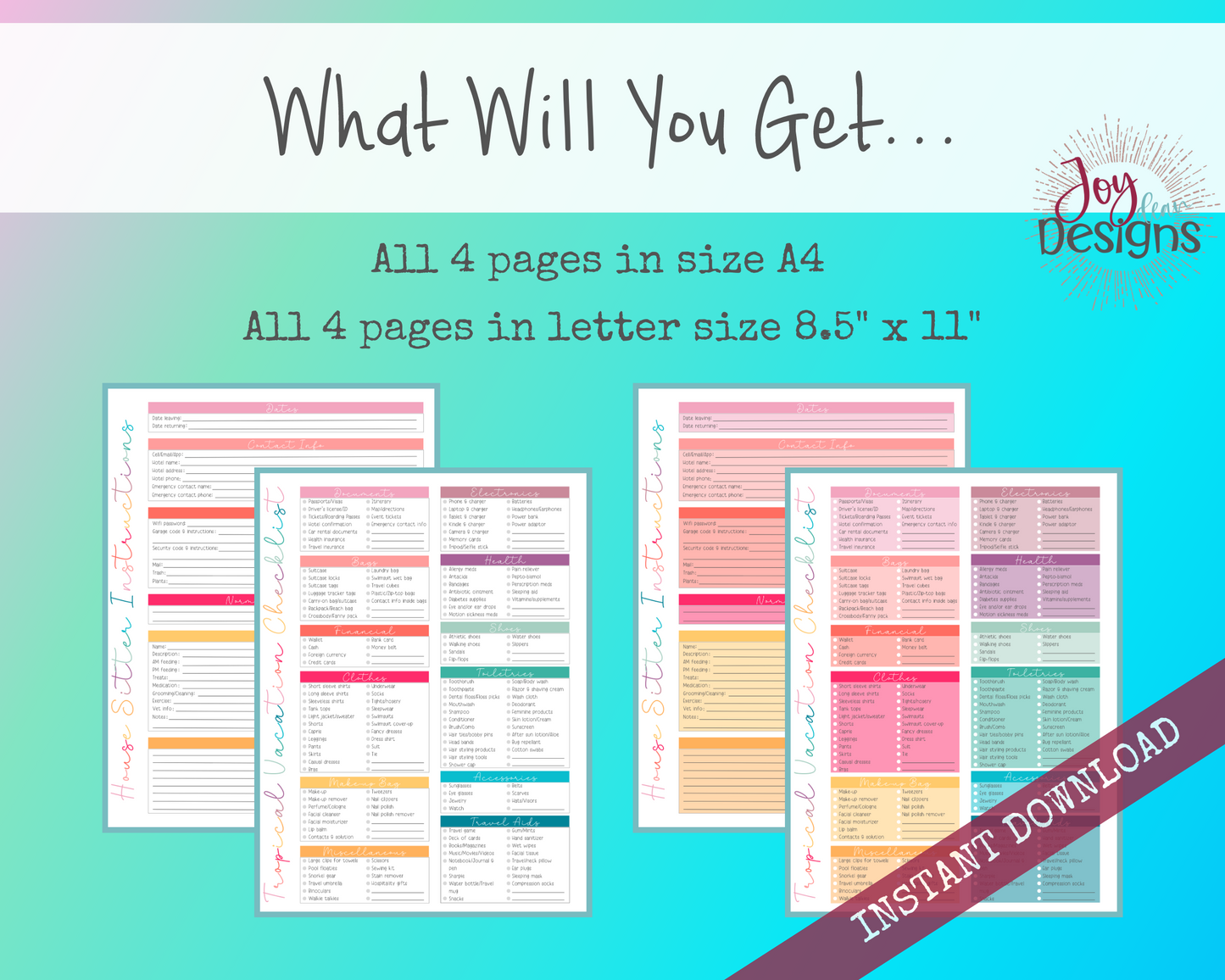 Travel Packing List for Tropical Vacation Including House and Pet Sitter Instructions - Digital Instant Download - 2 Designs - 2 Sizes