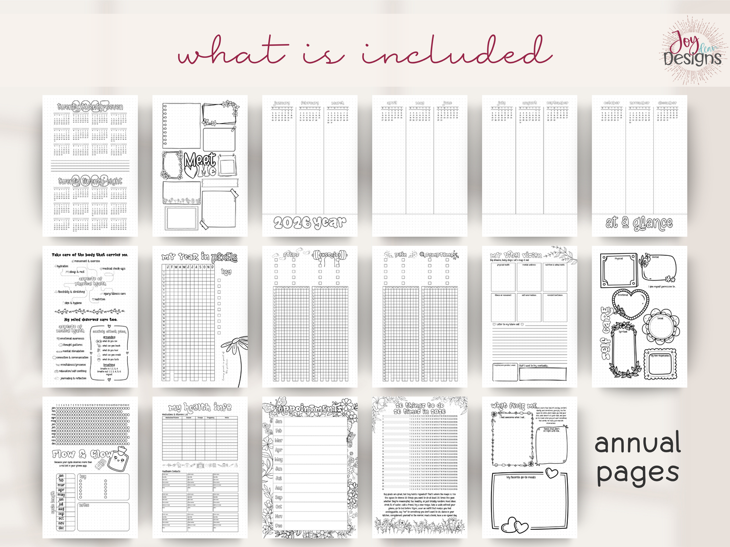 Collection of planner pages with various layouts on a white background, featuring 'Joy Designs' branding.