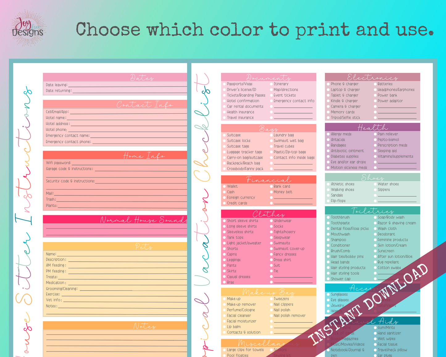 Travel Packing List for Tropical Vacation Including House and Pet Sitter Instructions - Digital Instant Download - 2 Designs - 2 Sizes