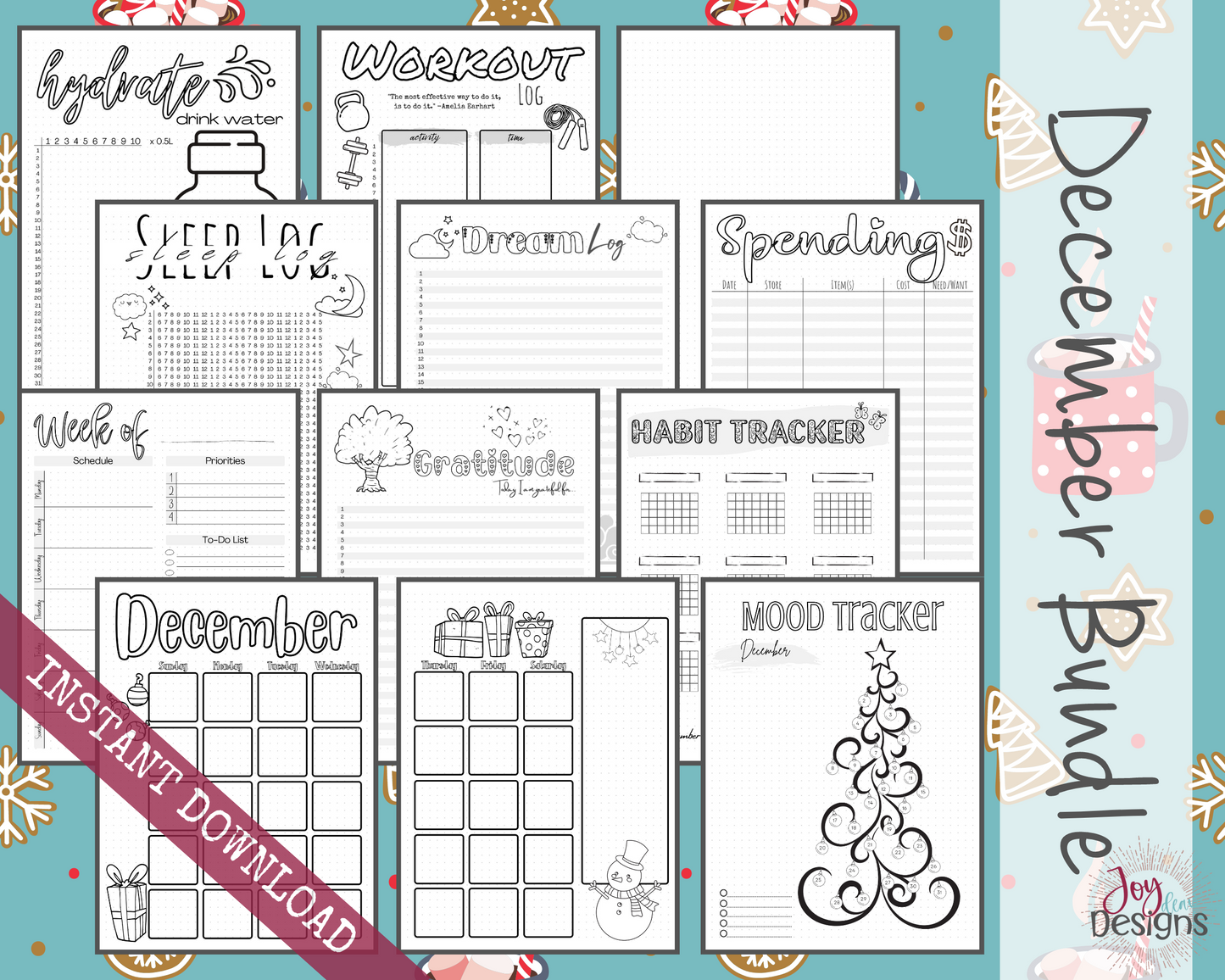 December Pre-Made Bullet Dotted Journal Pages Instant Download Printable Planner Undated