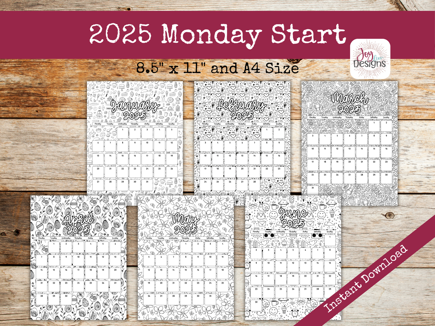 2025 Monthly Calendars Vertical Doodle Coloring Instant Download Printable Calendar 8.5x11 and A4 Size Portrait