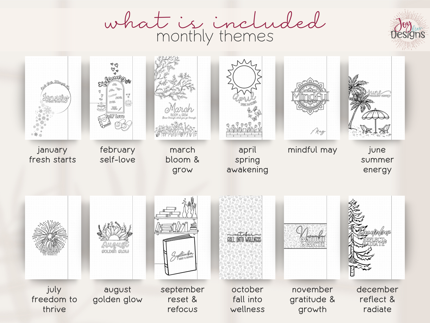 Monthly theme cards with illustrations and text for each month, featuring Joy Designs branding.