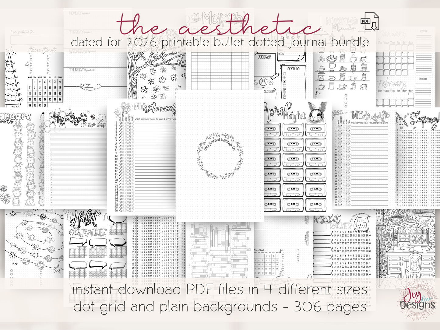 aesthetic bullet journal download pdf 2026 premade dotted planner digital bujo creative planner for women mental health tracking anxiety mood water sleep habit logs monthly themes winter valentines bees easter plants space citrus ice cream owls halloween coffee christmas printable journal in four sizes 6x9 US Letter A4 A5 coloring pages dutch door layouts bleed proof style organization self care routine gift idea