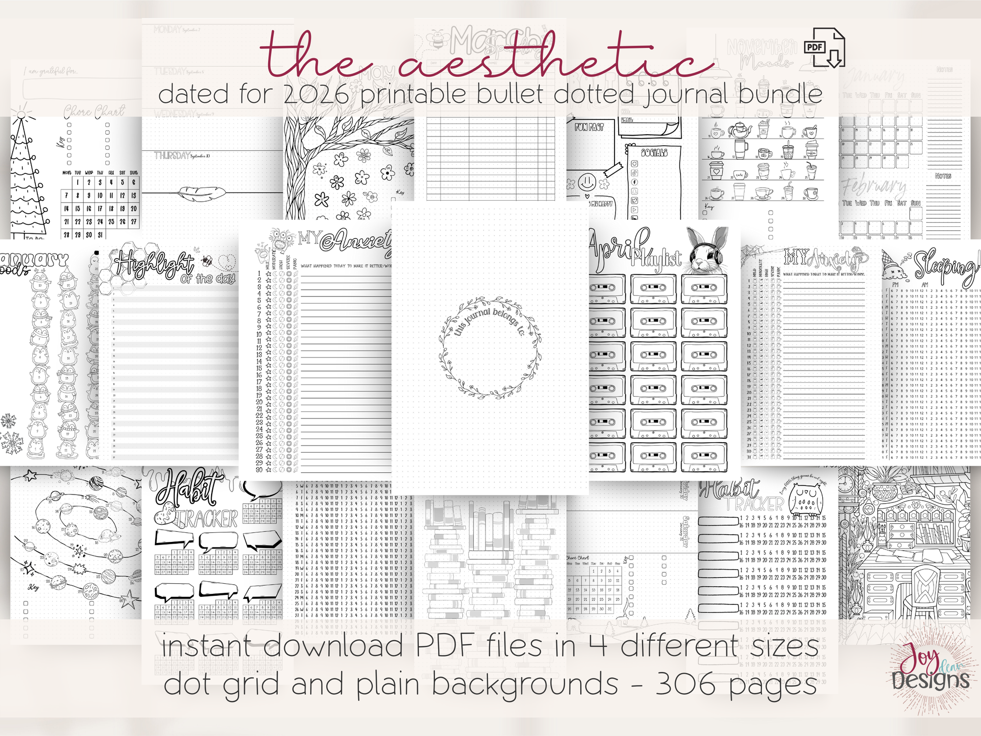 aesthetic bullet journal download pdf 2026 premade dotted planner digital bujo creative planner for women mental health tracking anxiety mood water sleep habit logs monthly themes winter valentines bees easter plants space citrus ice cream owls halloween coffee christmas printable journal in four sizes 6x9 US Letter A4 A5 coloring pages dutch door layouts bleed proof style organization self care routine gift idea
