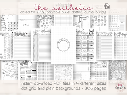 aesthetic bullet journal download pdf 2026 premade dotted planner digital bujo creative planner for women mental health tracking anxiety mood water sleep habit logs monthly themes winter valentines bees easter plants space citrus ice cream owls halloween coffee christmas printable journal in four sizes 6x9 US Letter A4 A5 coloring pages dutch door layouts bleed proof style organization self care routine gift idea