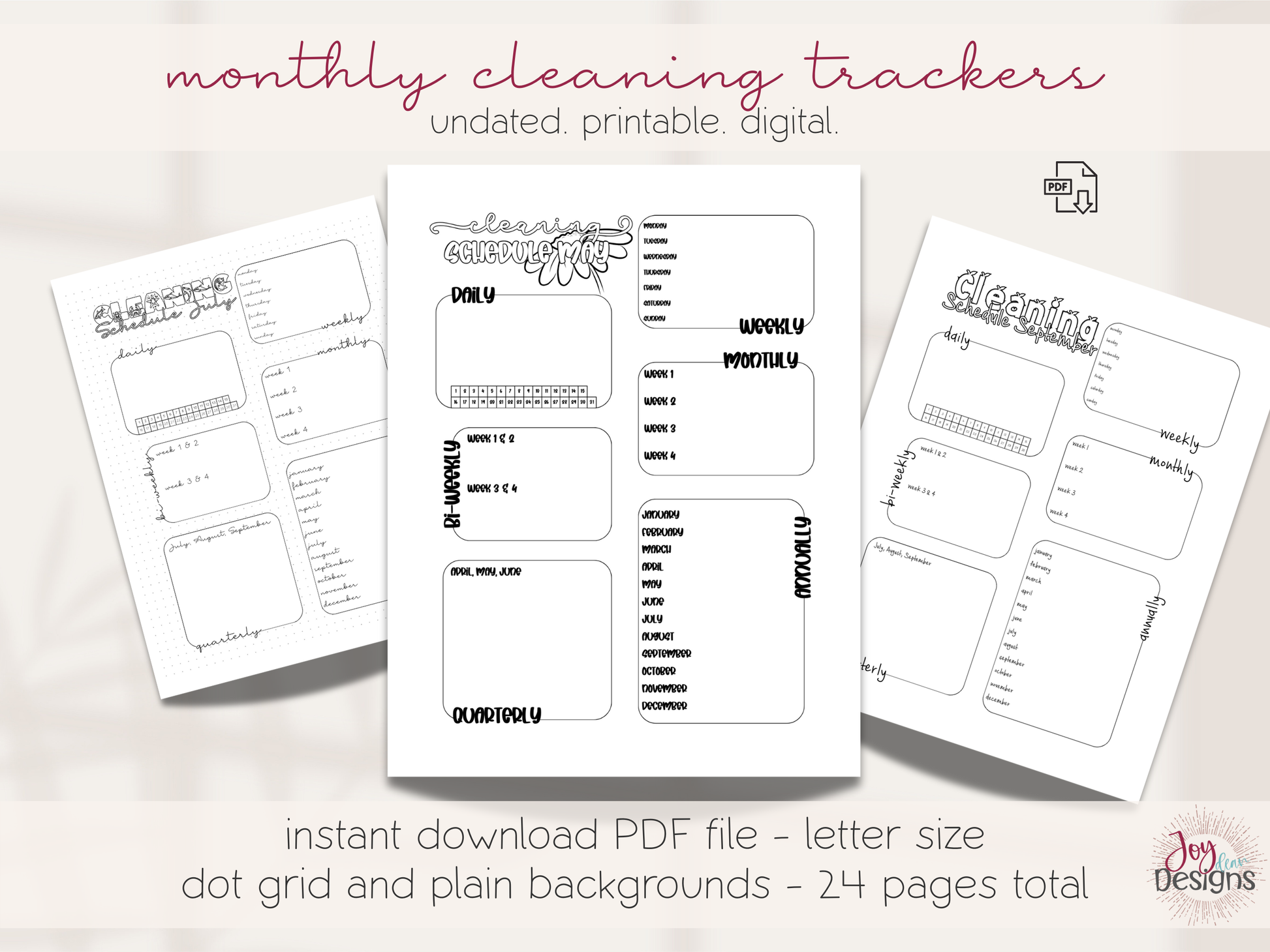 monthly cleaning schedule printable bundle digital cleaning planner pages home management binder inserts chore chart system daily weekly monthly quarterly annual cleaning tracker minimal black and white bujo style dotted and plain backgrounds pdf instant download goodnotes friendly household organization planner insert home cleaning routine house chores list spring cleaning checklist planning tools for busy moms students and families printable planner pages
