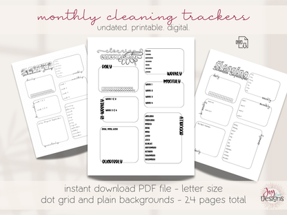 monthly cleaning schedule printable bundle digital cleaning planner pages home management binder inserts chore chart system daily weekly monthly quarterly annual cleaning tracker minimal black and white bujo style dotted and plain backgrounds pdf instant download goodnotes friendly household organization planner insert home cleaning routine house chores list spring cleaning checklist planning tools for busy moms students and families printable planner pages