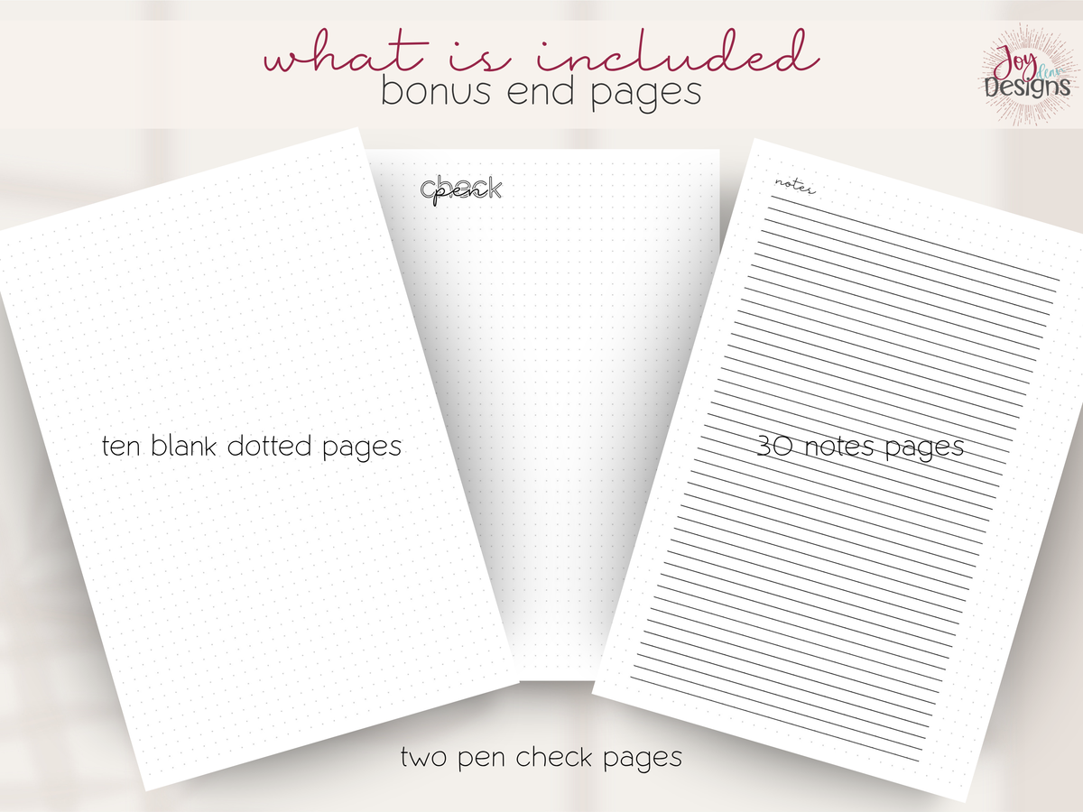 The Methodical 2027 daily planner bonus pages featuring 10 blank dotted bullet journal pages 30 lined notes pages and 2 pen check pages. Three interior page examples displayed with minimalist black and white layouts and dotted backgrounds. Extra writing space for lists ideas brainstorming sketches journaling habit tracking and testing water based pens. Coil bound daily journal with additional notebook pages for organization creativity and personal planning.