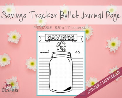 Daily Savings Tracker Bullet Dotted Journal Page Instant Download Printable Planner