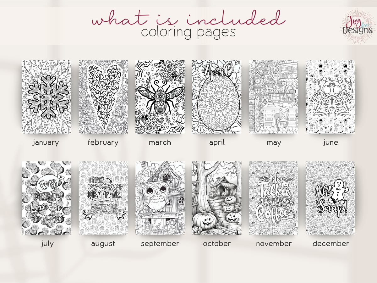 The Aesthetic 2027 creative dotted journal featuring twelve detailed monthly coloring pages with unique seasonal illustrations winter snow Valentine hearts honeybees Easter spring plants celestial space citrus fruits ice cream owls Halloween spooky artwork coffee and Christmas holiday designs premade planner with black and white coloring activities for artistic expression relaxation mindfulness stress relief creative self care and personalized journaling throughout the year