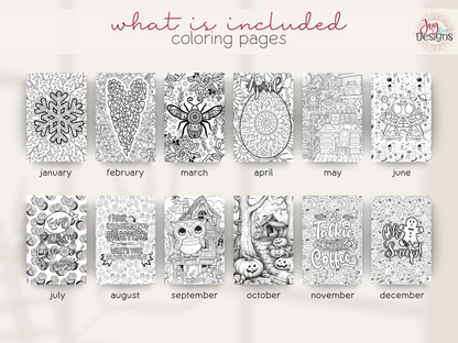 The Aesthetic 2027 creative dotted journal featuring twelve detailed monthly coloring pages with unique seasonal illustrations winter snow Valentine hearts honeybees Easter spring plants celestial space citrus fruits ice cream owls Halloween spooky artwork coffee and Christmas holiday designs premade planner with black and white coloring activities for artistic expression relaxation mindfulness stress relief creative self care and personalized journaling throughout the year