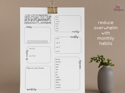 monthly cleaning schedule printable bundle digital cleaning planner pages home management binder inserts chore chart system daily weekly monthly quarterly annual cleaning tracker minimal black and white bujo style dotted and plain backgrounds pdf instant download goodnotes friendly household organization planner insert home cleaning routine house chores list spring cleaning checklist planning tools for busy moms students and families printable planner pages