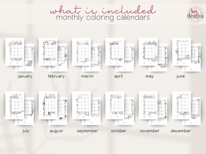 Monthly coloring calendars for each month of the year on a white background.