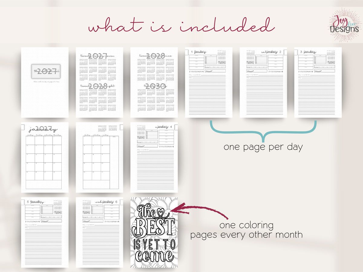 Inside look at The Methodical 2027 daily planner showing yearly calendar reference pages monthly calendar spreads and individual daily journaling layouts. Pre made bullet journal with one page per day for habit tracking mood logging water intake fitness food tracking steps gratitude and personal reflection. Dated 2027 daily organizer with minimalist black and white dotted pages designed for wellness planning productivity and everyday journaling.