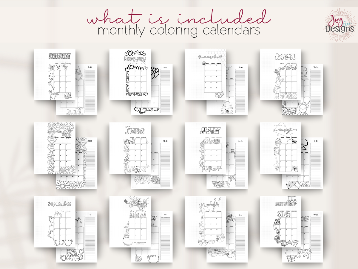 All twelve illustrated monthly calendar spreads from The Enchanted 2027 pre-made dotted journal. Each dated calendar features a different black and white seasonal design, including fairies, hearts, bees, bunnies, daisies, plants, ocean themes, retro artwork, apples, Halloween, music and Christmas. Two-page monthly layouts include to-do lists and decorative elements that can be coloured, making this a functional and creative 2027 planner.