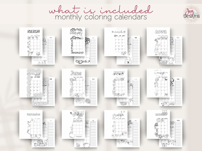 All twelve illustrated monthly calendar spreads from The Enchanted 2027 pre-made dotted journal. Each dated calendar features a different black and white seasonal design, including fairies, hearts, bees, bunnies, daisies, plants, ocean themes, retro artwork, apples, Halloween, music and Christmas. Two-page monthly layouts include to-do lists and decorative elements that can be coloured, making this a functional and creative 2027 planner.