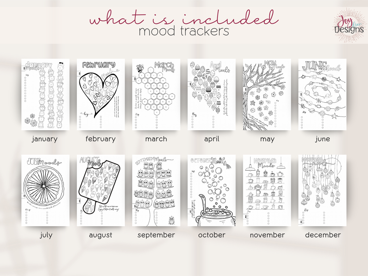 The Aesthetic 2027 premade dotted journal showing twelve unique illustrated monthly mood tracker designs with seasonal themes including winter snowmen hearts bees Easter plants space citrus ice cream owls Halloween coffee and Christmas creative emotional wellness tracking pages for recording daily feelings moods and personal patterns black and white coloring layouts for mindfulness self care reflection mental health journaling and artistic personalization in a coil bound dated planner