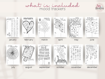 The Aesthetic 2027 premade dotted journal showing twelve unique illustrated monthly mood tracker designs with seasonal themes including winter snowmen hearts bees Easter plants space citrus ice cream owls Halloween coffee and Christmas creative emotional wellness tracking pages for recording daily feelings moods and personal patterns black and white coloring layouts for mindfulness self care reflection mental health journaling and artistic personalization in a coil bound dated planner