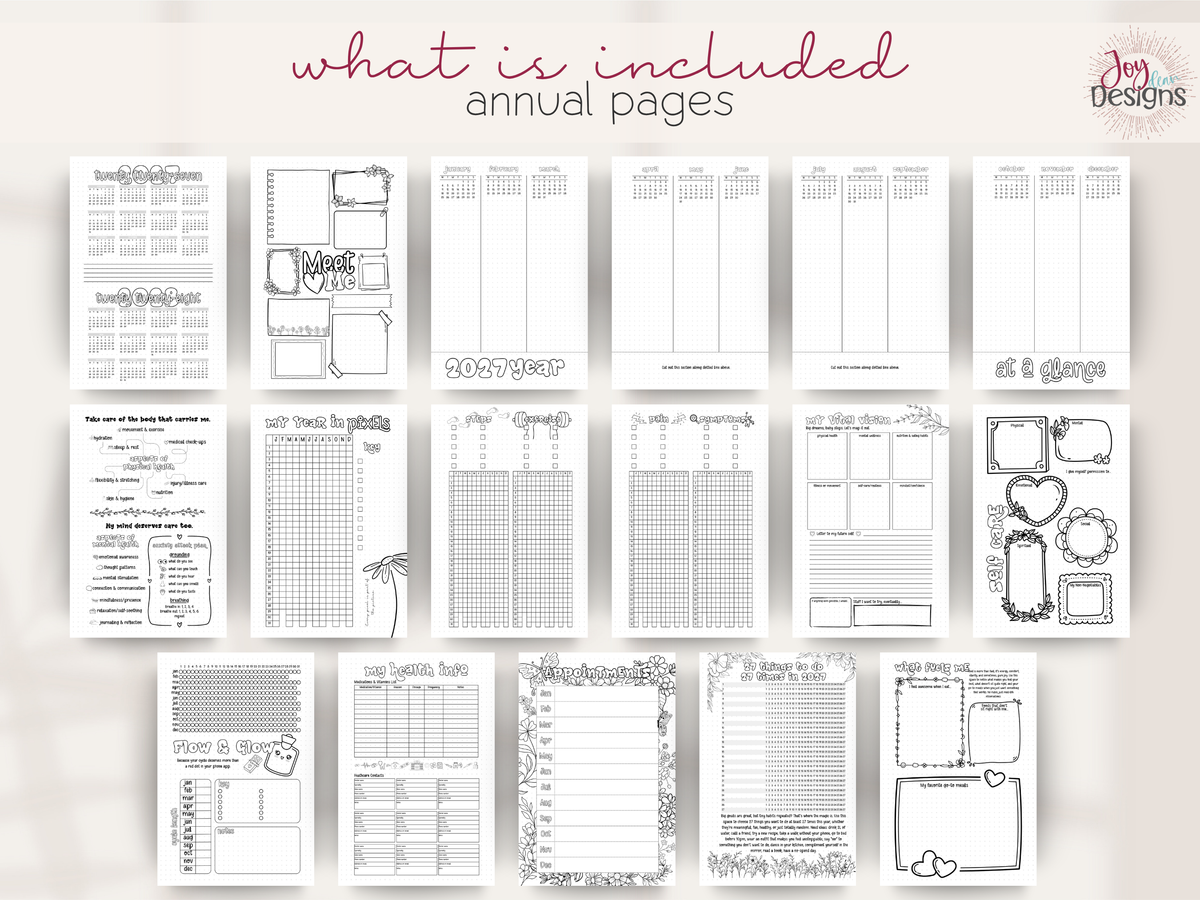Annual planning pages from The Vital 2027 pre-made dotted wellness journal showing the yearly calendars, Meet Me page, year-at-a-glance Dutch door spreads, physical and mental health reflection, Year in Pixels mood tracker, step and exercise tracker, pain and symptom tracker, yearly goal setting, self-care planning, period tracking, health information, appointments and personal wellness activities.