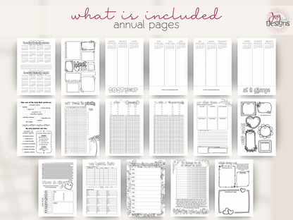 Annual planning pages from The Vital 2027 pre-made dotted wellness journal showing the yearly calendars, Meet Me page, year-at-a-glance Dutch door spreads, physical and mental health reflection, Year in Pixels mood tracker, step and exercise tracker, pain and symptom tracker, yearly goal setting, self-care planning, period tracking, health information, appointments and personal wellness activities.