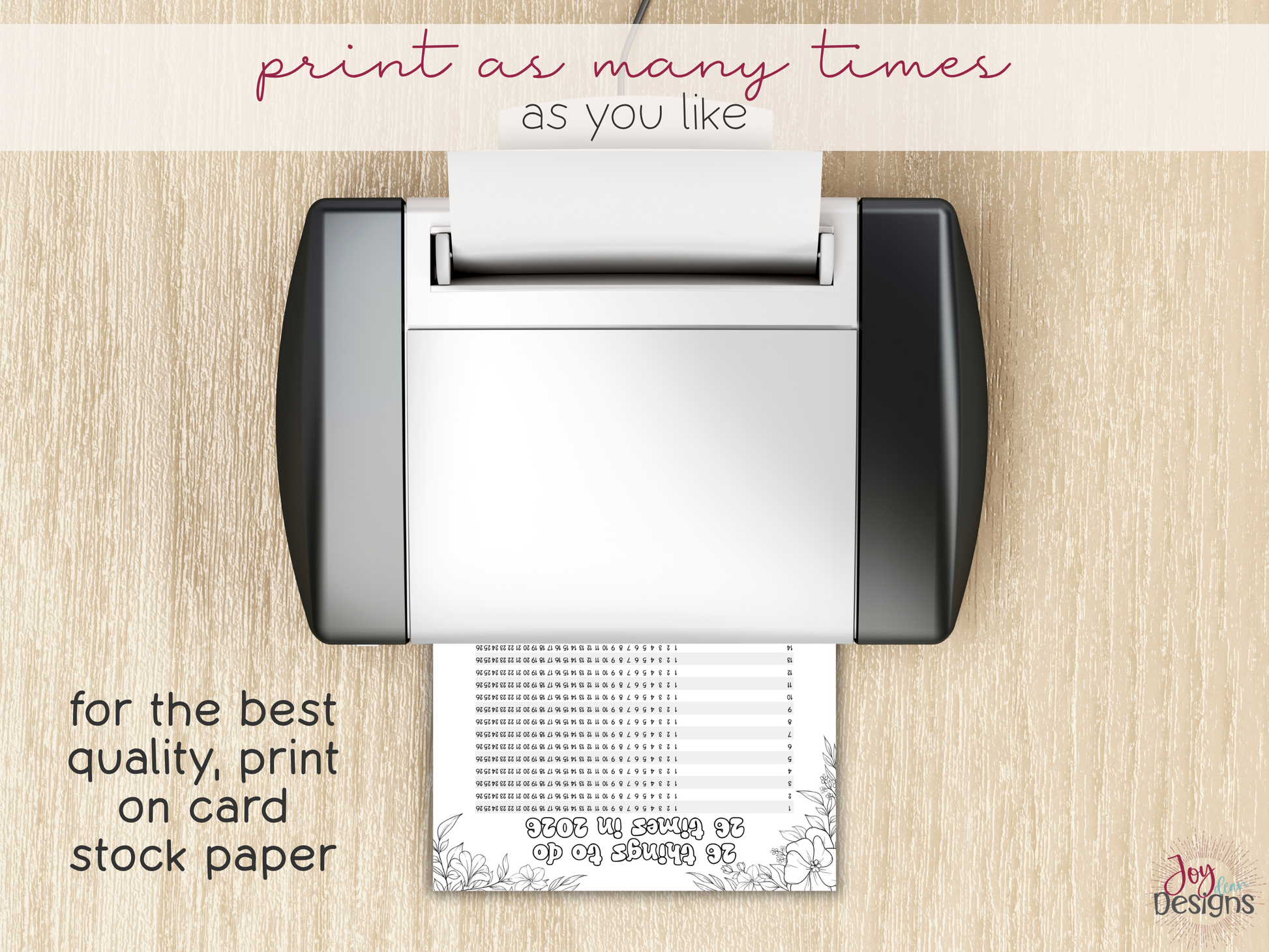 Printer on a wooden surface with printed paper, text overlay about printing quality.