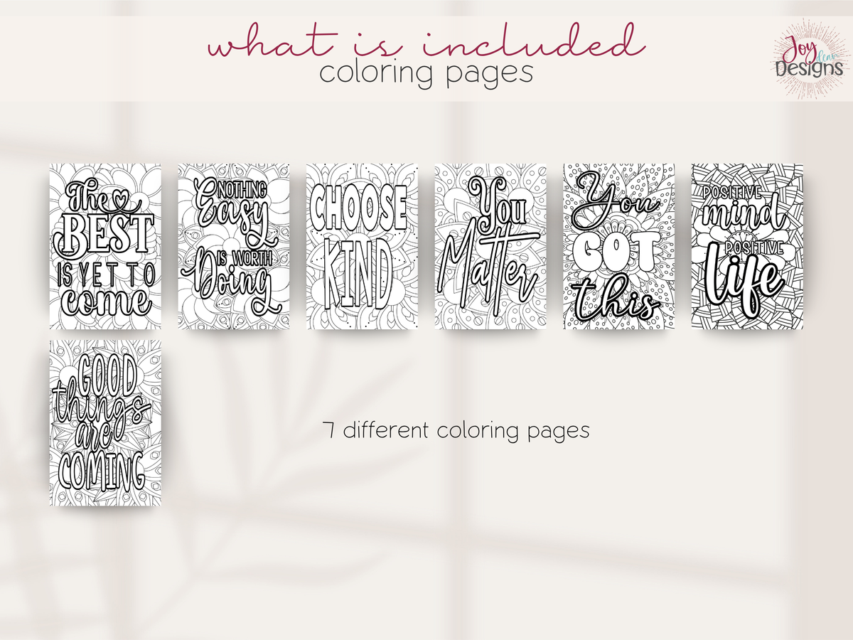 Seven black and white motivational coloring pages included in The Methodical daily planner featuring inspirational quotes and detailed decorative designs. Positive affirmations encourage kindness confidence mindfulness and personal growth. Bonus coloring pages add creativity and relaxation to a dated 2027 bullet journal and daily wellness planner. Aesthetic coil bound journal combining daily habit tracking gratitude journaling self care and mindful coloring activities.