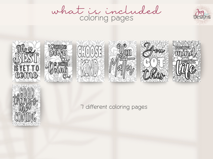 Seven black and white motivational coloring pages included in The Methodical daily planner featuring inspirational quotes and detailed decorative designs. Positive affirmations encourage kindness confidence mindfulness and personal growth. Bonus coloring pages add creativity and relaxation to a dated 2027 bullet journal and daily wellness planner. Aesthetic coil bound journal combining daily habit tracking gratitude journaling self care and mindful coloring activities.