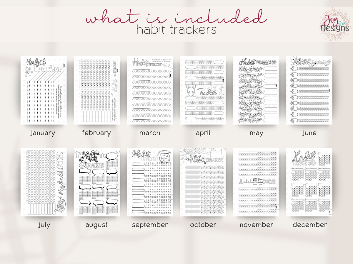 The Aesthetic 2027 premade dotted planner showing twelve themed monthly habit tracker page designs for tracking ten personal habits each month creative illustrated layouts with winter Valentine bees Easter botanical space citrus ice cream owl Halloween coffee and Christmas decorations customizable black and white habit tracking charts for daily routines wellness goals exercise productivity self care consistency and personal development aesthetic coil bound journal with ready made monthly trackers