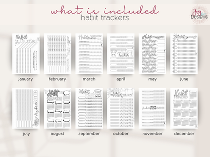The Aesthetic 2027 premade dotted planner showing twelve themed monthly habit tracker page designs for tracking ten personal habits each month creative illustrated layouts with winter Valentine bees Easter botanical space citrus ice cream owl Halloween coffee and Christmas decorations customizable black and white habit tracking charts for daily routines wellness goals exercise productivity self care consistency and personal development aesthetic coil bound journal with ready made monthly trackers
