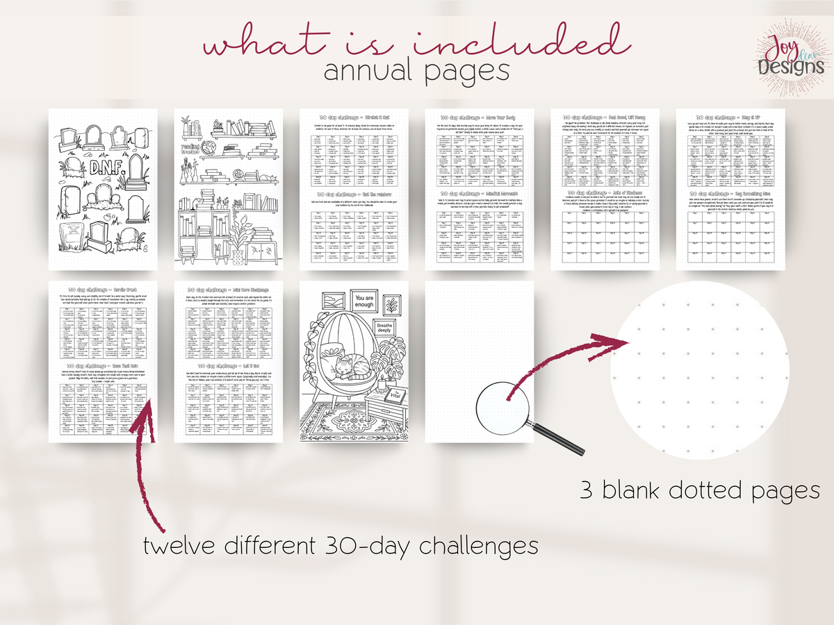 Additional annual pages included in The Vital 2027 wellness planner featuring twelve different 30-day personal growth challenges, a DNF reading graveyard, illustrated bookshelves, motivational coloring page and three blank dotted pages. The challenges encourage movement, mindfulness, self-care, kindness, personal reflection and healthy habits. A creative black and white journal for wellness and self-improvement.