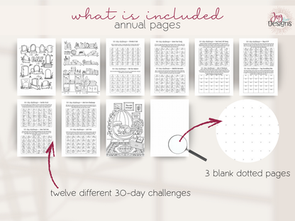 Additional annual pages included in The Vital 2027 wellness planner featuring twelve different 30-day personal growth challenges, a DNF reading graveyard, illustrated bookshelves, motivational coloring page and three blank dotted pages. The challenges encourage movement, mindfulness, self-care, kindness, personal reflection and healthy habits. A creative black and white journal for wellness and self-improvement.