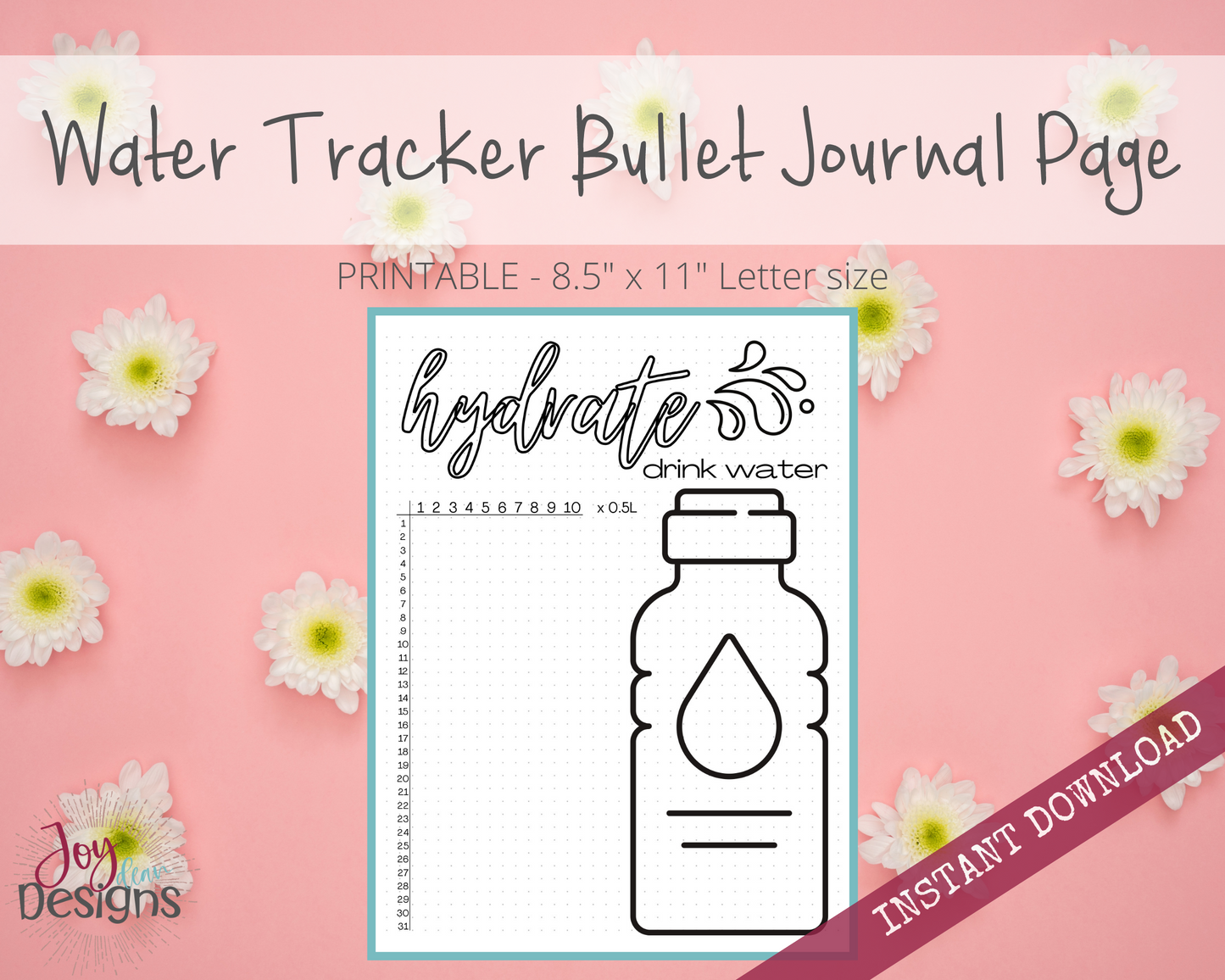 Daily Water Tracker Bullet Dotted Journal Page Instant Download Printable Planner