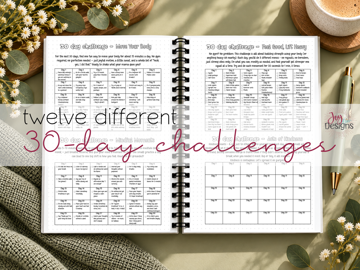 Open spiral bound mockup of The Vital 2027 wellness planner displaying four examples from twelve different 30-day challenges. Visible pages include Move Your Body, Feel Good Lift Heavy, Mindful Moments and Acts of Kindness. Each challenge features daily prompts and checkboxes to encourage movement, strength, mindfulness and positive habits. The black and white journal is photographed in a cozy desk setting.