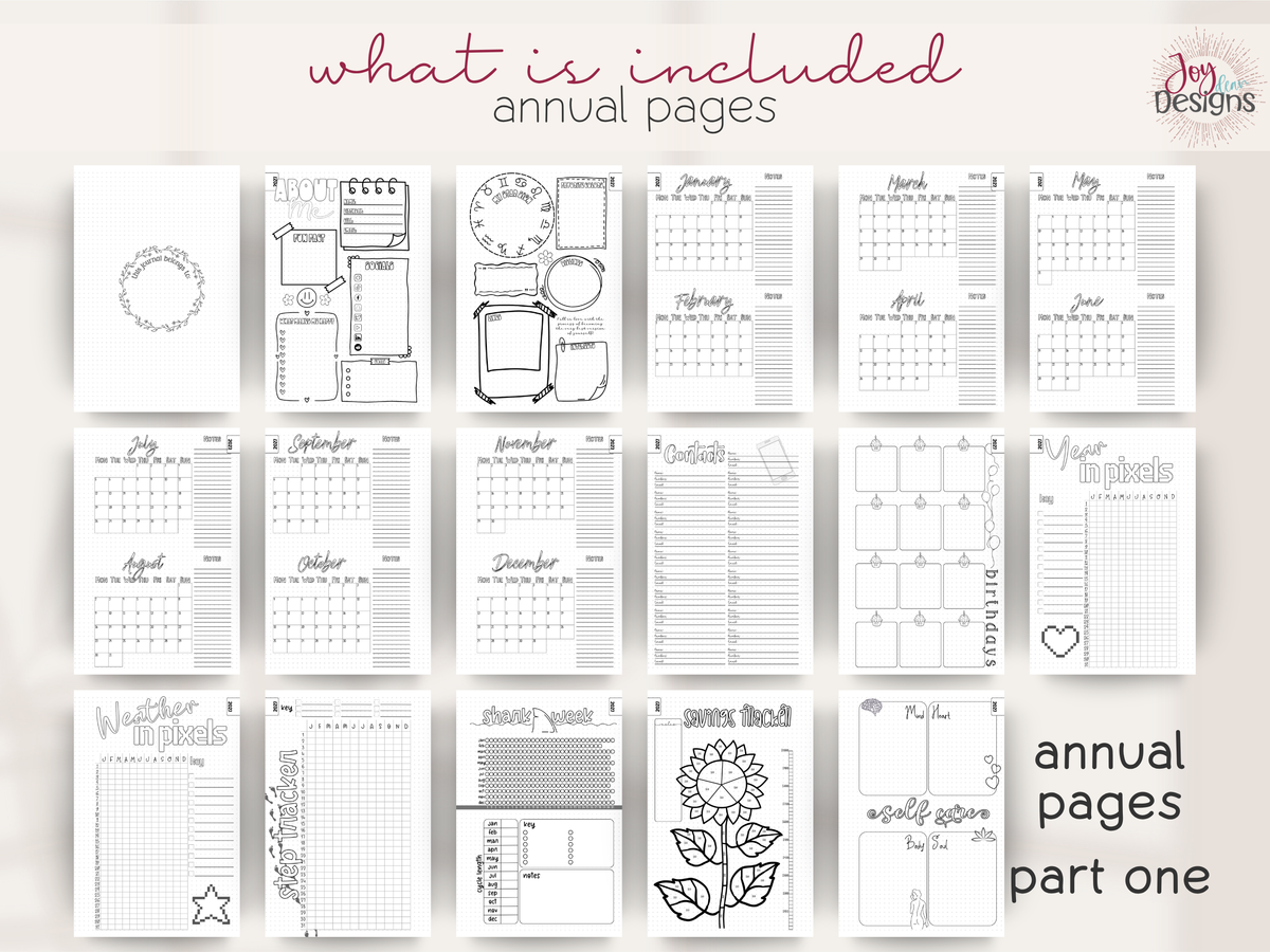 The Aesthetic 2027 premade planner annual pages preview showing introduction about me pages yearly calendar contacts birthdays year in pixels mood tracker weather in pixels step tracker period tracker savings tracker and self care layouts creative dotted journal with illustrated black and white designs ready for coloring personal goal setting yearly organization wellness tracking habit planning and life management coil bound aesthetic stationery for women and planner lovers