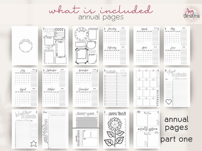 The Aesthetic 2027 premade planner annual pages preview showing introduction about me pages yearly calendar contacts birthdays year in pixels mood tracker weather in pixels step tracker period tracker savings tracker and self care layouts creative dotted journal with illustrated black and white designs ready for coloring personal goal setting yearly organization wellness tracking habit planning and life management coil bound aesthetic stationery for women and planner lovers