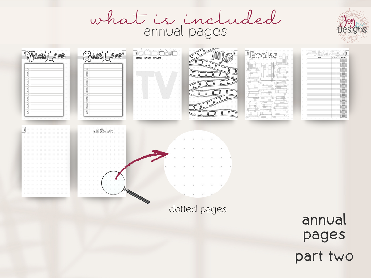 The Aesthetic 2027 dotted journal annual planning page previews featuring wish list gift list television series tracker movie tracker reading and book tracker blank dotted writing pages and pen test pages with magnified dot grid paper detail premade creative planner for organizing entertainment favorites personal interests gifts memories notes and everyday ideas 370 page coil bound journal with customizable black and white illustrations coloring opportunities and self expression layouts
