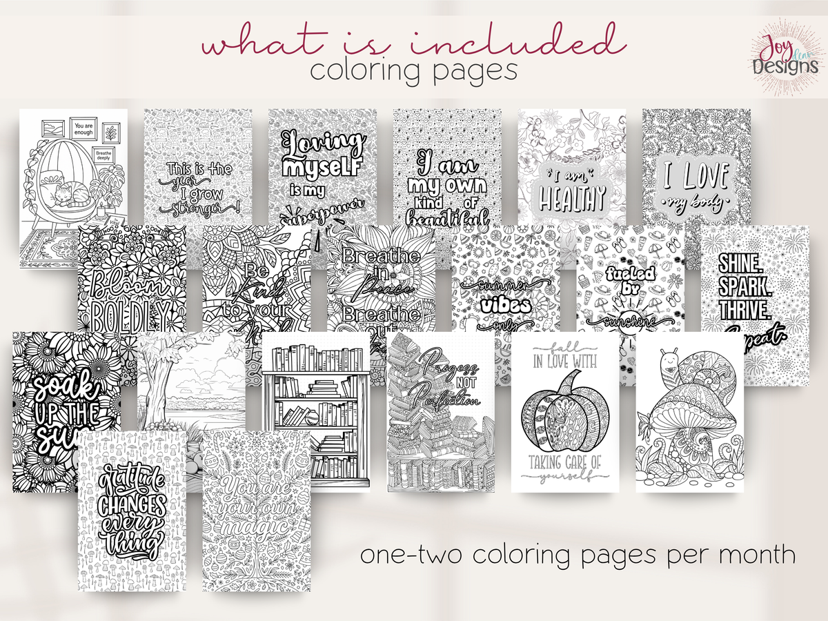 Collection of motivational coloring pages included in The Vital 2027 wellness planner. Detailed black and white floral patterns, bookshelves, mushrooms, seasonal artwork and uplifting phrases such as Loving Myself Is My Superpower, I Love My Body, Progress Not Perfection and Breathe In Peace. These creative journal pages offer opportunities for coloring, relaxation, mindfulness and personal expression.