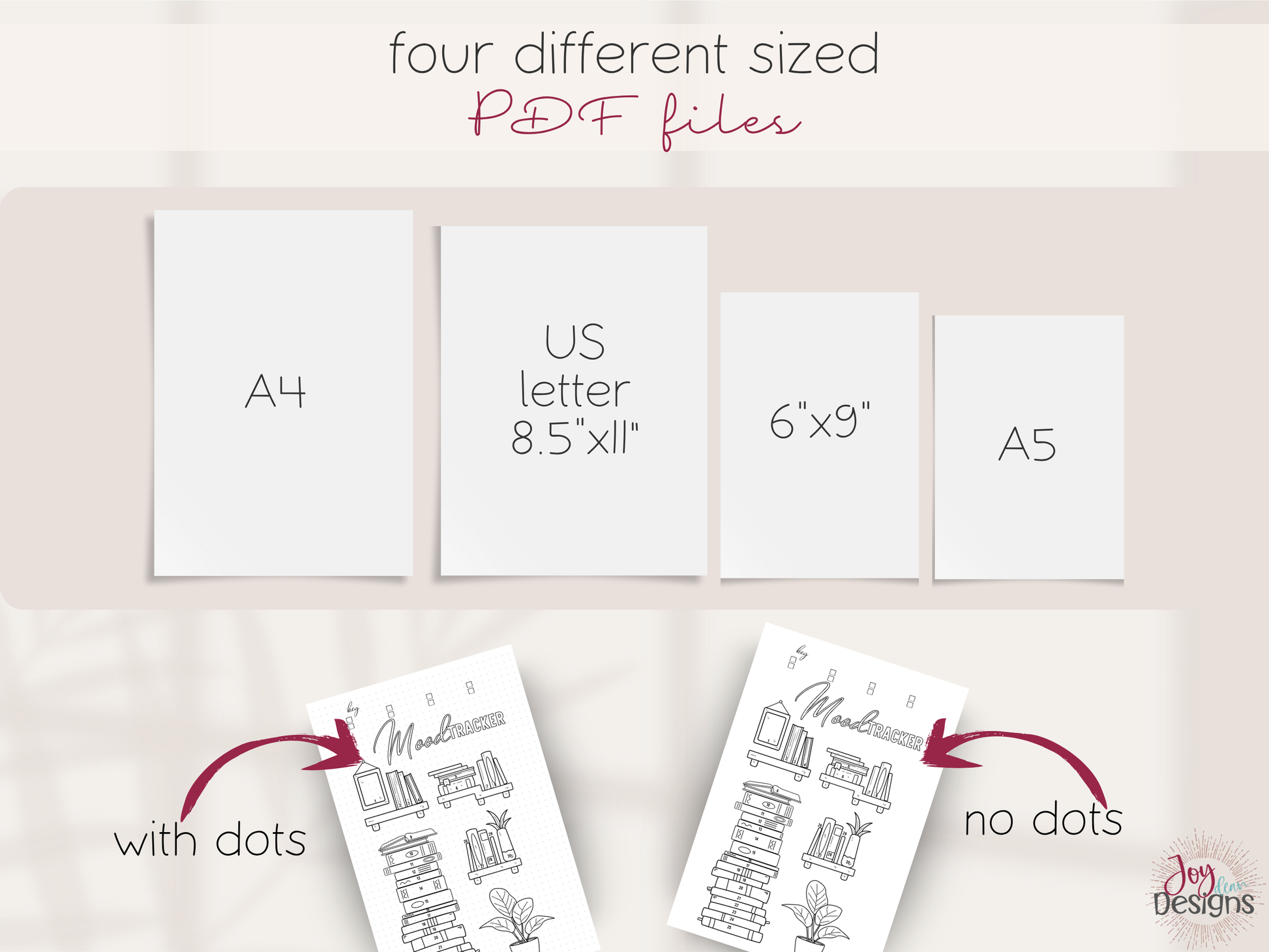 Four different size PDF files displayed with labels on a light pink background.