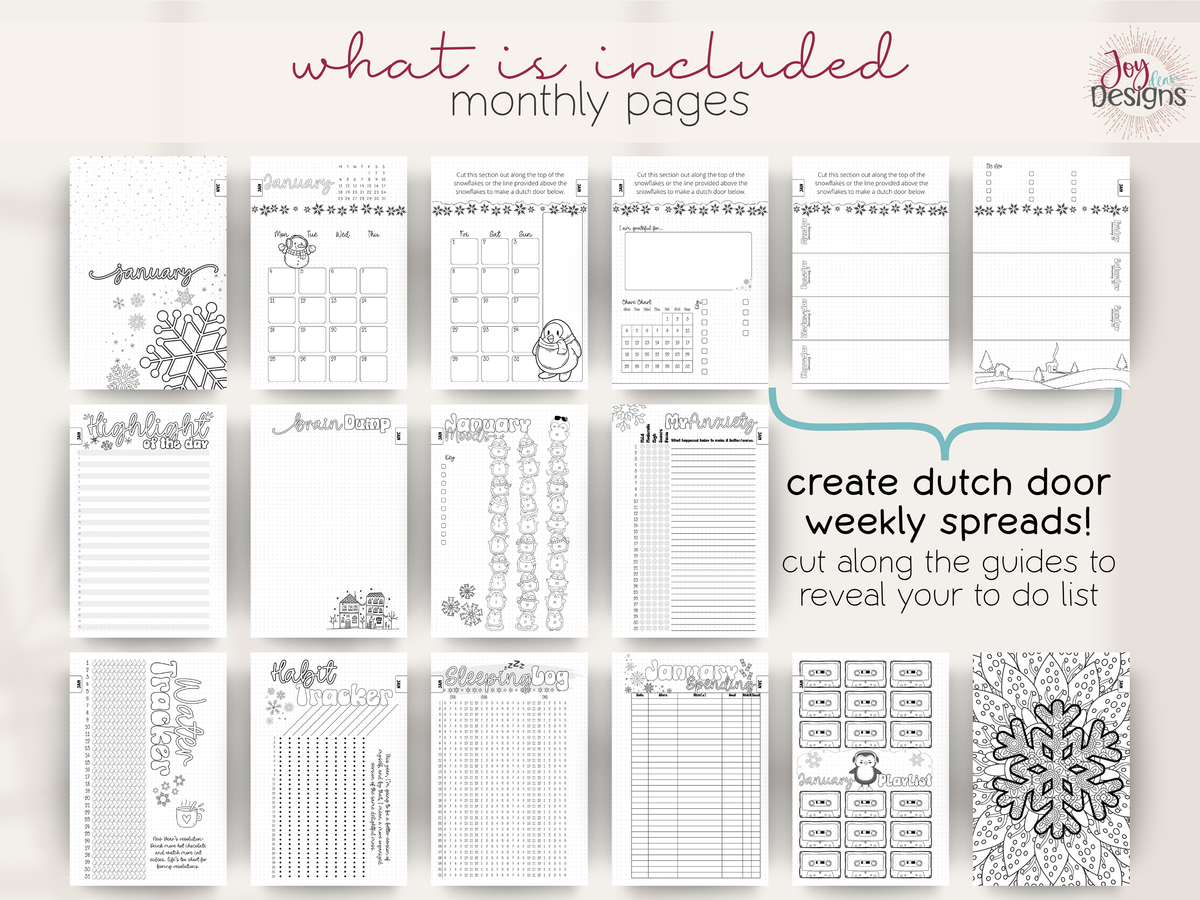 The Aesthetic 2027 monthly planner pages overview showing themed cover calendar weekly Dutch door layouts gratitude highlights brain dump mood tracker anxiety log water tracker habit tracker sleep log spending tracker playlist and coloring page premade dotted journal with ready to use monthly organization layouts creative trackers and blank dot grid pages for personal planning wellness routines productivity self care journaling and colorful customization throughout twelve unique monthly themes