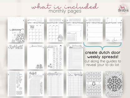 The Aesthetic 2027 monthly planner pages overview showing themed cover calendar weekly Dutch door layouts gratitude highlights brain dump mood tracker anxiety log water tracker habit tracker sleep log spending tracker playlist and coloring page premade dotted journal with ready to use monthly organization layouts creative trackers and blank dot grid pages for personal planning wellness routines productivity self care journaling and colorful customization throughout twelve unique monthly themes