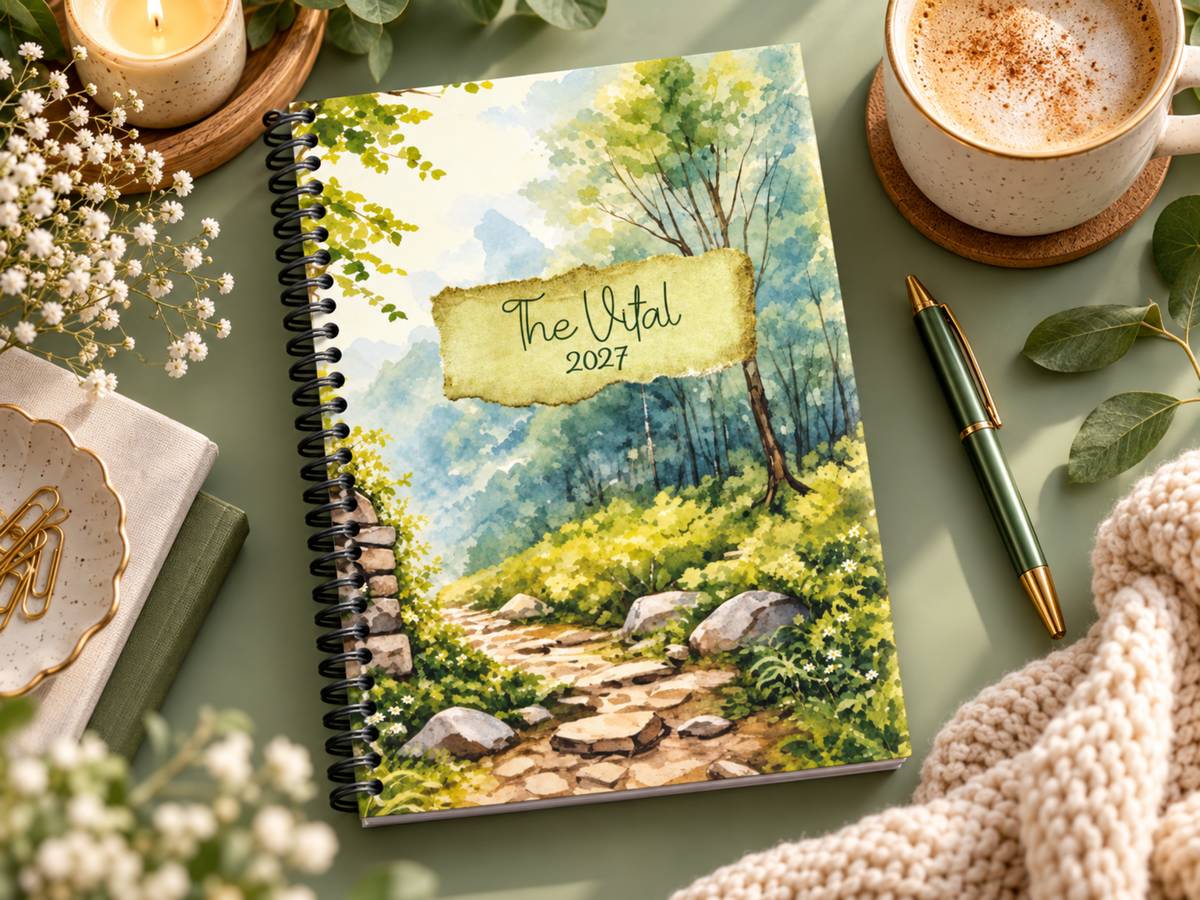 The Vital 2027 dated wellness planner by Joy Dean Designs with a watercolor woodland pathway cover, lush green trees, flowers and black spiral coil binding. The physical journal mockup is displayed on a soft sage green desk with coffee, a gold and green pen, flowers and knitted fabric. Text highlights its 6 by 9 inch size and 80 gsm paper for daily planning, wellness tracking and creative journaling.
