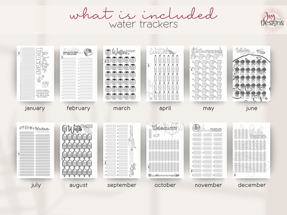 The Aesthetic 2027 premade dotted journal showing twelve illustrated monthly water tracker pages with different seasonal decorative designs creative hydration tracking layouts for recording daily water intake building healthy habits monitoring wellness routines and staying consistent with personal goals aesthetic coil bound planner featuring winter Valentine bees Easter plants space citrus ice cream owls Halloween coffee and Christmas themed trackers ready to color and personalize