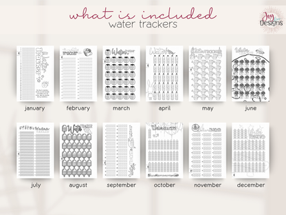 The Aesthetic 2027 premade dotted journal showing twelve illustrated monthly water tracker pages with different seasonal decorative designs creative hydration tracking layouts for recording daily water intake building healthy habits monitoring wellness routines and staying consistent with personal goals aesthetic coil bound planner featuring winter Valentine bees Easter plants space citrus ice cream owls Halloween coffee and Christmas themed trackers ready to color and personalize