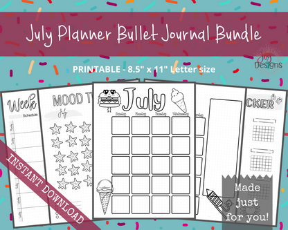 July Pre-Made Bullet Dotted Journal Pages Instant Download Printable Planner Undated